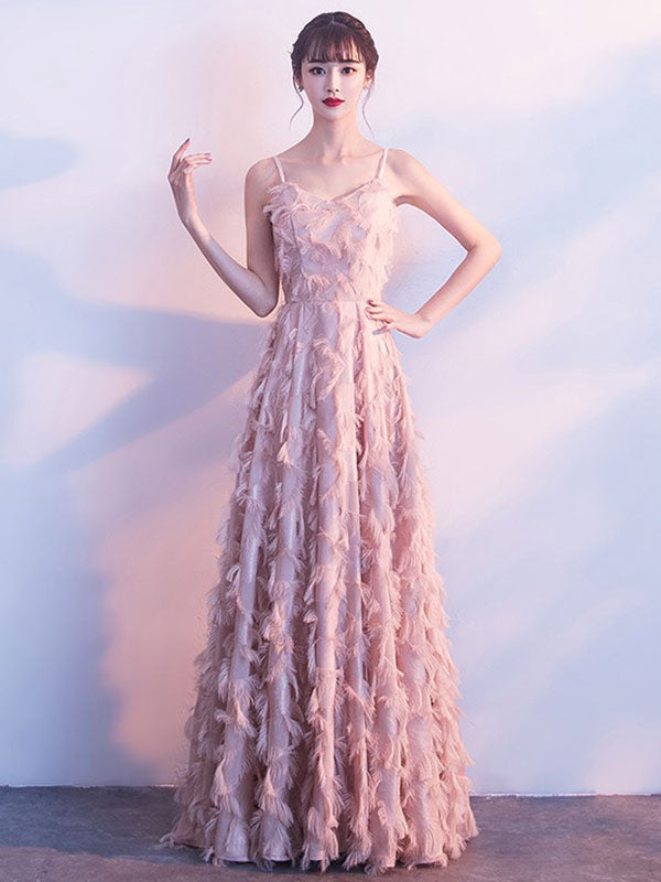 Modern Evening Dresses Blush Pink Long Halter Feathers Sleeveless Floor Length Graduation Dress wedding guest dress