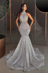 Modern High Neck Sleeveless Mermaid Sequined prom Dresses Crystals