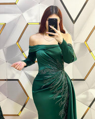 Modern Long Dark Green Mermaid Off-the-shoulder Lace Evening Prom Dresses With Long Sleeves