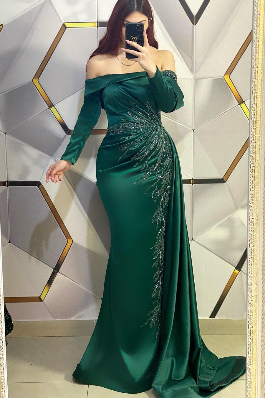 Modern Long Dark Green Mermaid Off-the-shoulder Lace Evening Prom Dresses With Long Sleeves