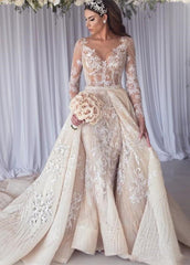 Modern Long Sleeves Lace Mermaid Overskirt Wedding Dress Bridal Gowns