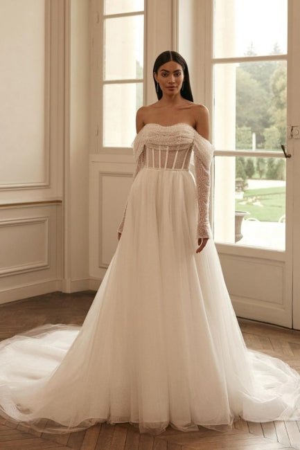 Modern Long Sleevess Long Off-the-Shoulder Wedding Dresses Online Sequined