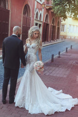 Modern Mermaid Lace Off the Shoulder Wedding Dresses Open Back Bridal Gowns
