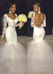 Modern Mermaid Long Sleeve Lace Backless Wedding Dress