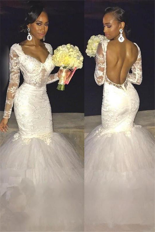 Modern Mermaid Long Sleeve Lace Backless Wedding Dress