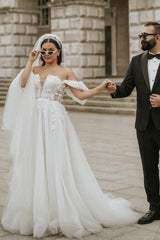Modern Off-the-Shoulder Cap Sleeves Long tulle Wedding Dresses Online