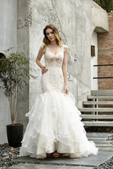 Modern See through Lace Mermaid Lace Sleeveless Ivory Wedding Dress with Ruffles Train