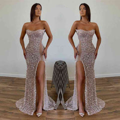 Modern Sequined Long Strapless A-line Evening Prom Dresses with Front Slit