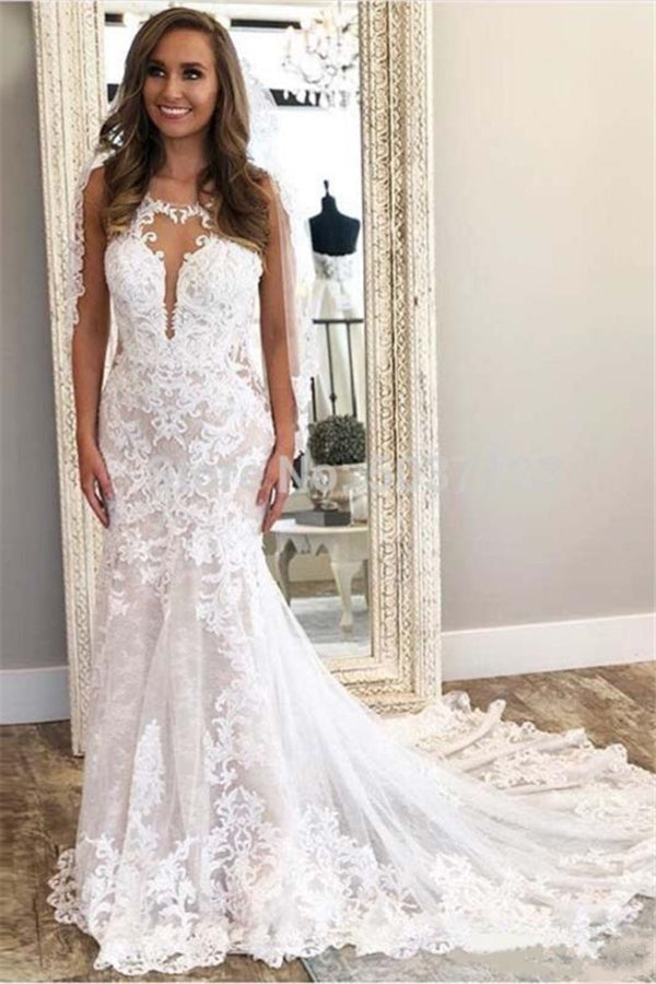 Modern Sleeveless Column Lace Wedding Dress Online