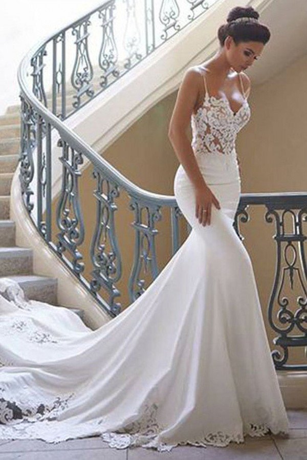 Modern Spaghetti Strap Wedding Dress Mermaid Chiffon Lace Bridal Gown