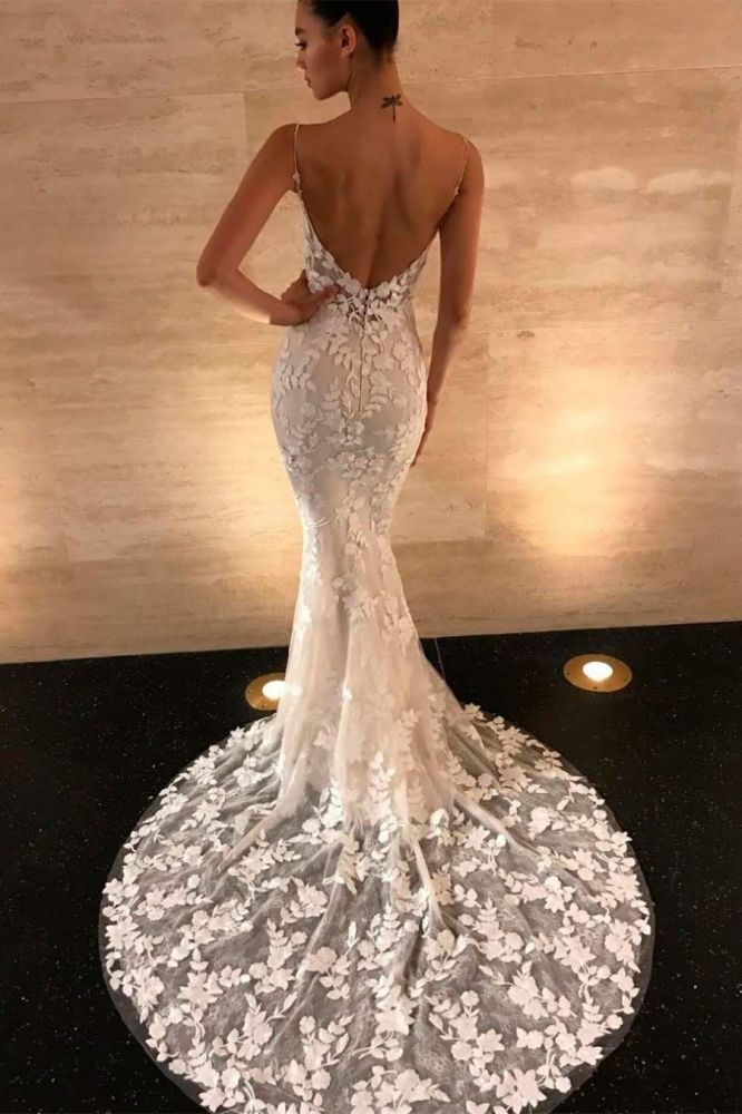 Modern Spaghetti Straps V Neck Lace Mermaid Wedding Dress