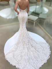 Modern Strapless Lace Wedding Dresses Online Classic Mermaid Open Back Bridal Gowns