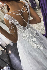 Modern V Neck Sleeveless Aline Wedding Dress Floral Lace Bridal Dress