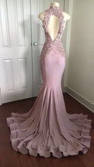 Modest High Neck Lace Appliques Prom Party Gowns| Front Split Prom Party Gowns