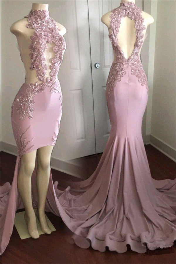 Modest High Neck Lace Appliques Prom Party Gowns| Front Split Prom Party Gowns