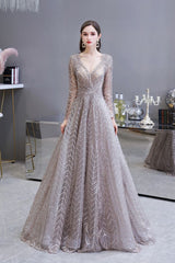 Modest Long Sleevess V-neck Princess Prom Party Gowns