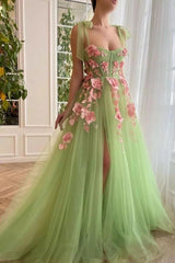 Modest Spaghetti-Straps Sleeveless Long soft net Prom Dress With Front Split