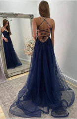 Navy Blue Halter Front Slit Spaghetti Straps A-Line Tulle Prom Dress