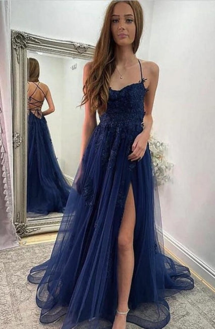 Navy Blue Halter Front Slit Spaghetti Straps A-Line Tulle Prom Dress