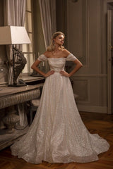 New Arrival Long A-line Off-the-shoulder Glitter Sleeveless Wedding Dresses