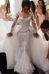 New Arrival Long Sleevess Sheath Wedding Dresses Lace Appliques Bridal Gowns with Detachable Train