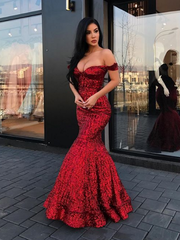 New Arrival Mermaid Charming Sequined Evening Dresses Off-The-Shoulder Floor Length Prom Dresses