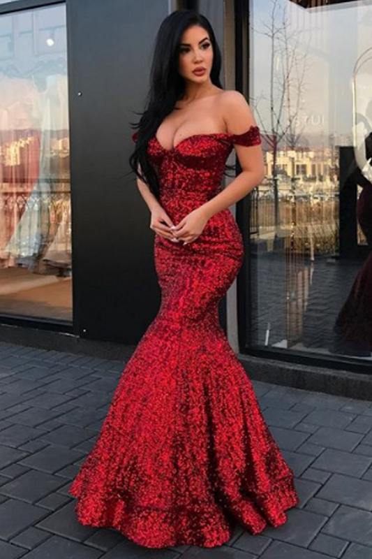 New Arrival Mermaid Charming Sequined Evening Dresses Off-The-Shoulder Floor Length Prom Dresses