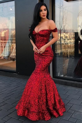 New Arrival Mermaid Charming Sequined Evening Dresses Off-The-Shoulder Floor Length Prom Dresses