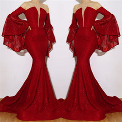 New Arrival Red Mermaid Off-the-Shoulder Lace Appliques Prom Dresses