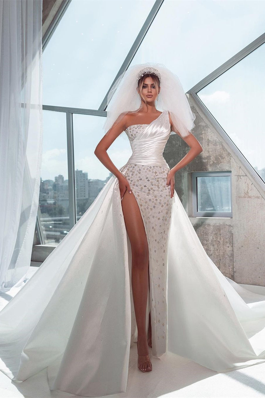 New Arrival Sleeveless One-Shoulder Mermaid Wedding Dress Long Slit Online