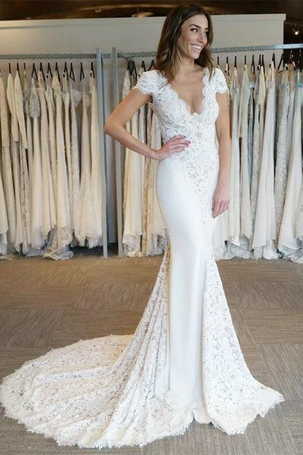 New Arrival White V Neck Lace Appliques Mermaid Bridal Gown Backless Cap Sleeve Long Wedding Dress