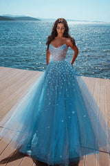 Ocean Blue Strapless Sparkle Beads Tulle Princess Prom Party Gowns