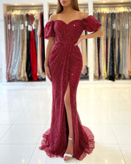 Off-the-Shoulder Bubble Sleeves Burgundy Prom Dress Sequins Slit Evening Gowns