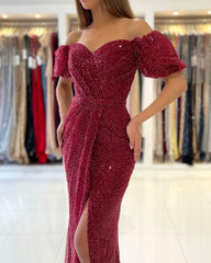 Off-the-Shoulder Bubble Sleeves Burgundy Prom Dress Sequins Slit Evening Gowns