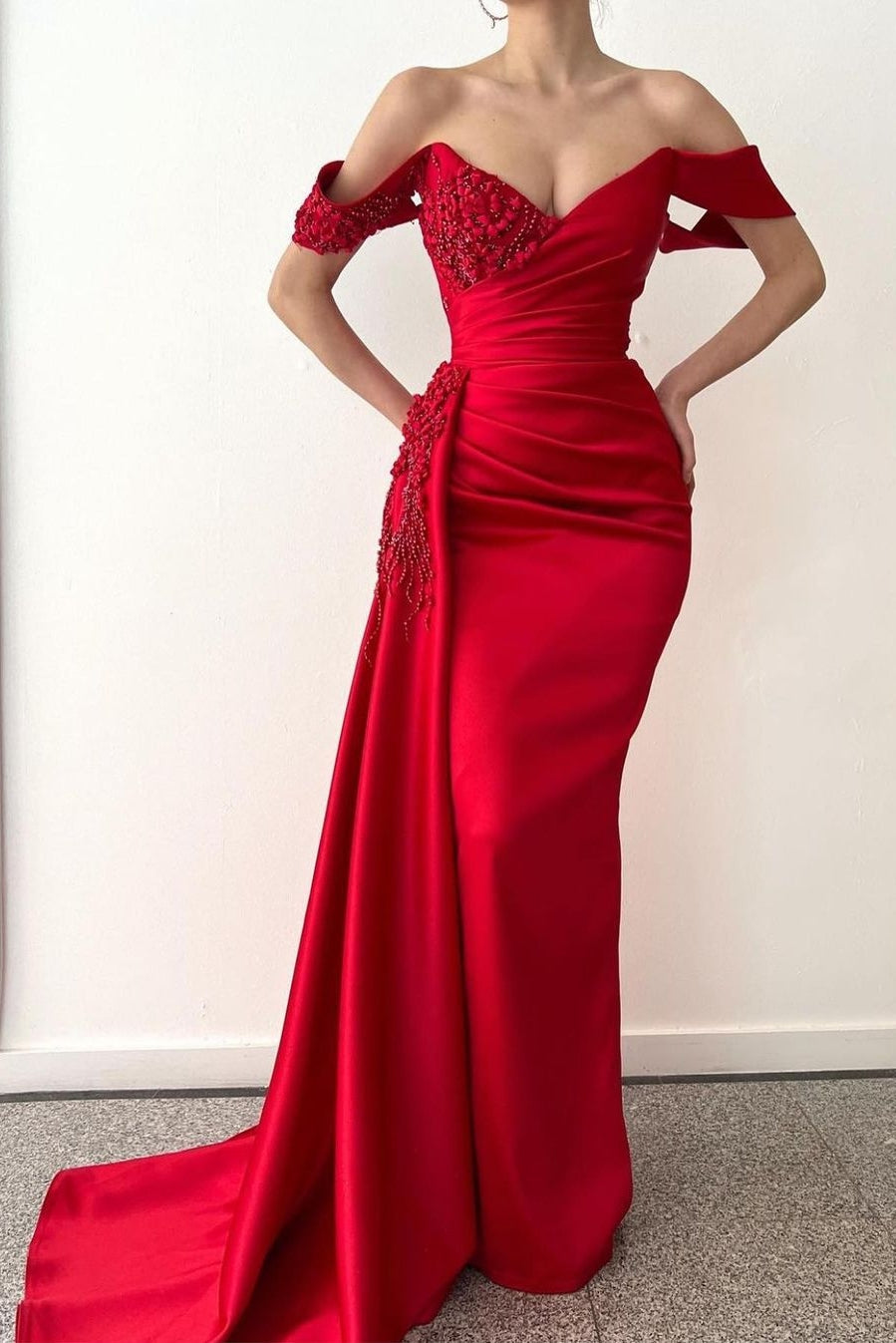 Off-the-shoulder Burgundy Beaded Long Prom Dress with Half Train