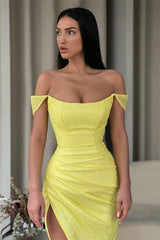 Off-the-Shoulder Daffodil Mermaid Prom Dress Sequins Long Split