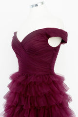 Off the Shoulder Dark Berry Pleated Sheer Tiered Prom Dress