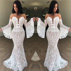 Off-the-Shoulder Lace Evening Dress Chic Strapless Bell Sleeves Prom Dresses