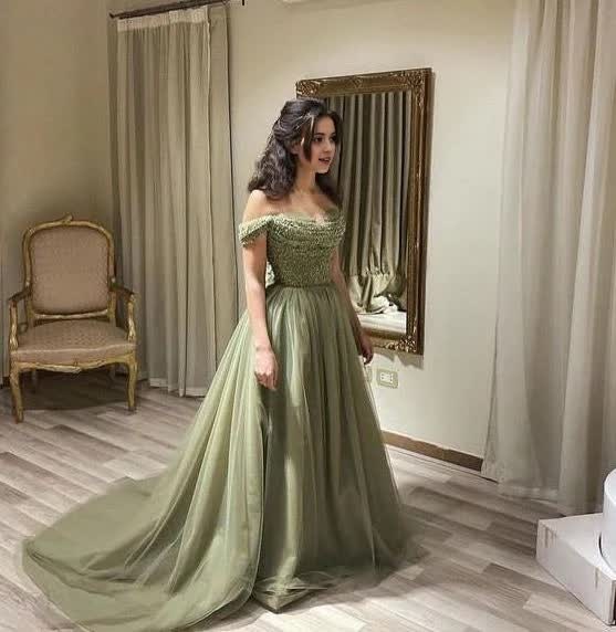 Off the Shoulder Mint Green Prom Dress Beaded Long Prom Dresses, Off S ...