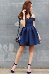 Off-the-Shoulder Navy Homecoming Dress Chic Short Hoco Dresses On Sale