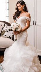 Off The Shoulder Puffy Ruffless Wedding Dresses Sheath Tulle Modern Lace Bridal Gowns