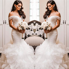 Off The Shoulder Puffy Ruffless Wedding Dresses Sheath Tulle Modern Lace Bridal Gowns