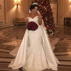 Off the Shoulder Sweetheart Tulle lace Appliques Long Wedding Dress with Detachable Train