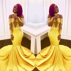 Off-the-shoulder yellow prom dress, mermaid long evening gowns