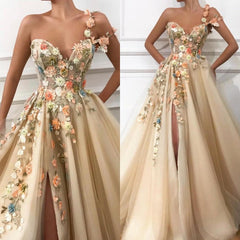 One Shoulder Ball Gown Prom Dress Applique Light Gold  V-Neck Long Tulle