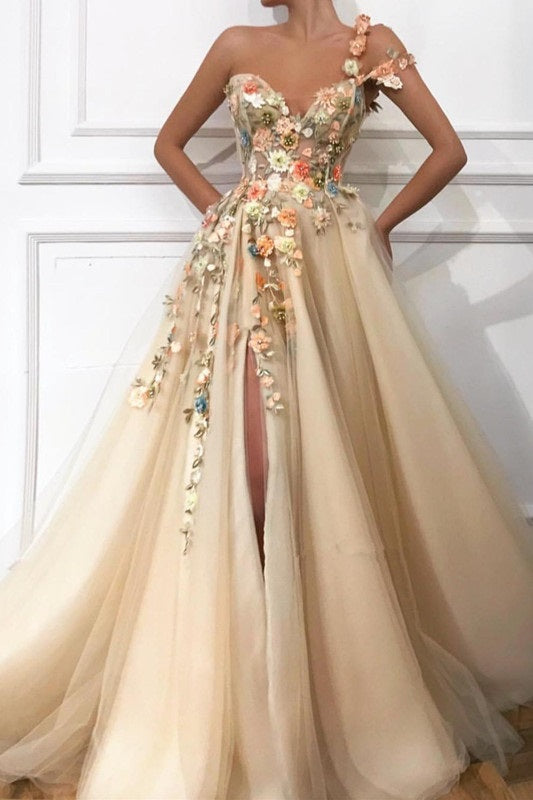 One Shoulder Ball Gown Prom Dress Applique Light Gold  V-Neck Long Tulle