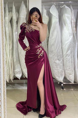 One Shoulder Long Sleeves Prom Dress Split With Appliques