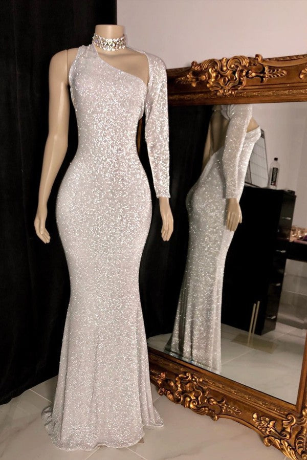 One-shoulder Long Sleeves Silver Sequins Mermaid Prom Gowns