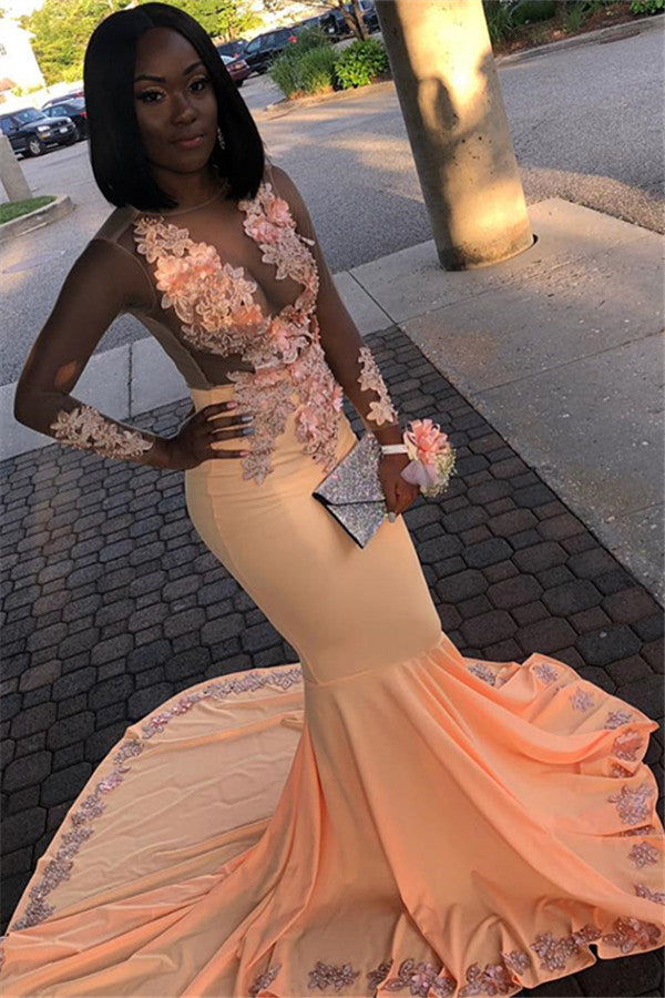 Orange Sheer Tulle Flower Appliques Long-Sleeves Mermaid Prom Dresses