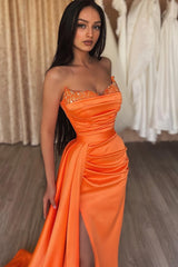 Orange Sweetheart Mermaid Prom Dress Long Slit Ruffles With Sequins